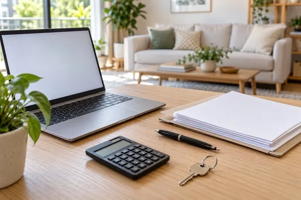 Laptop, documents, calculator, pen, and apartment key on a wooden desk in a bright living room.